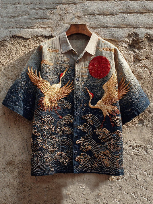 Men's Japanese Waves & Cranes Embroidered Vintage Linen Shirt